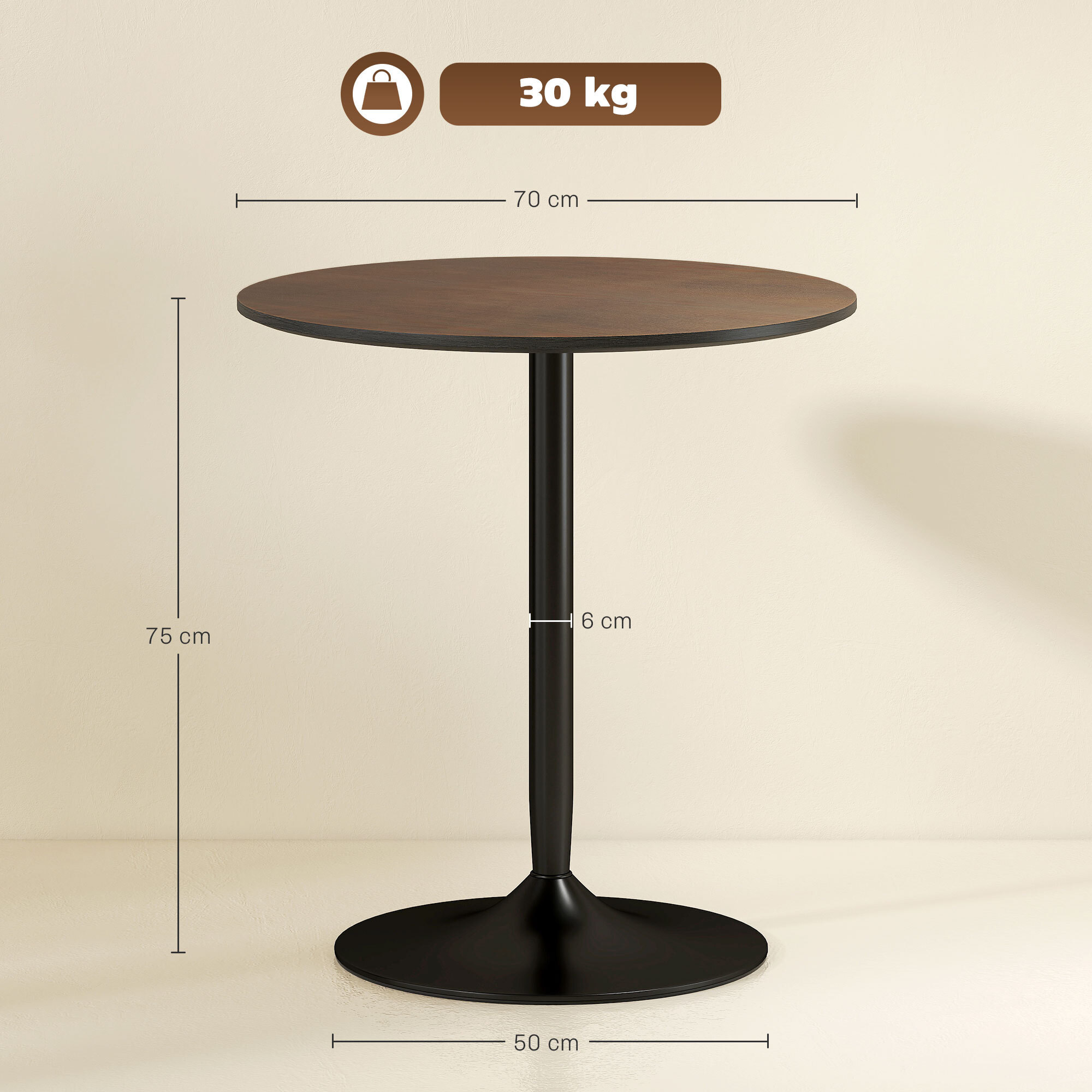 Table de salle à manger ronde 2 personnes dia.70 cm piètement acier noir effet bois noyer