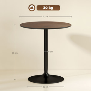 Table de salle à manger ronde 2 personnes dia.70 cm piètement acier noir effet bois noyer