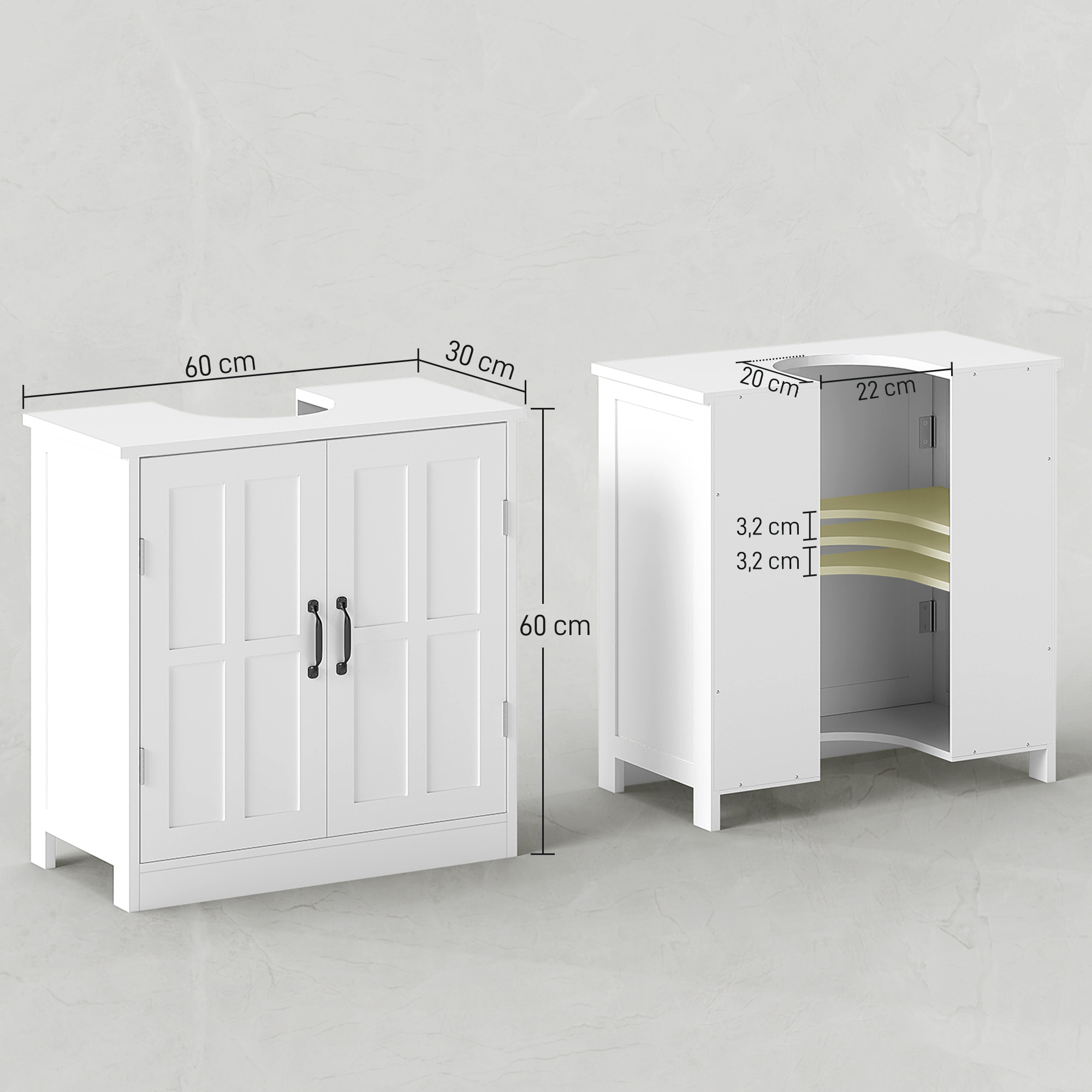 Meuble salle de bain - meuble sous-vasque - 2 portes avec étagère - 60x30x60cm - blanc