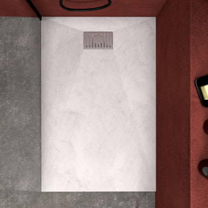 Receveur de douche Blanc Effet Pierre 80x120 cm et Grille décor Linéaire en Inox