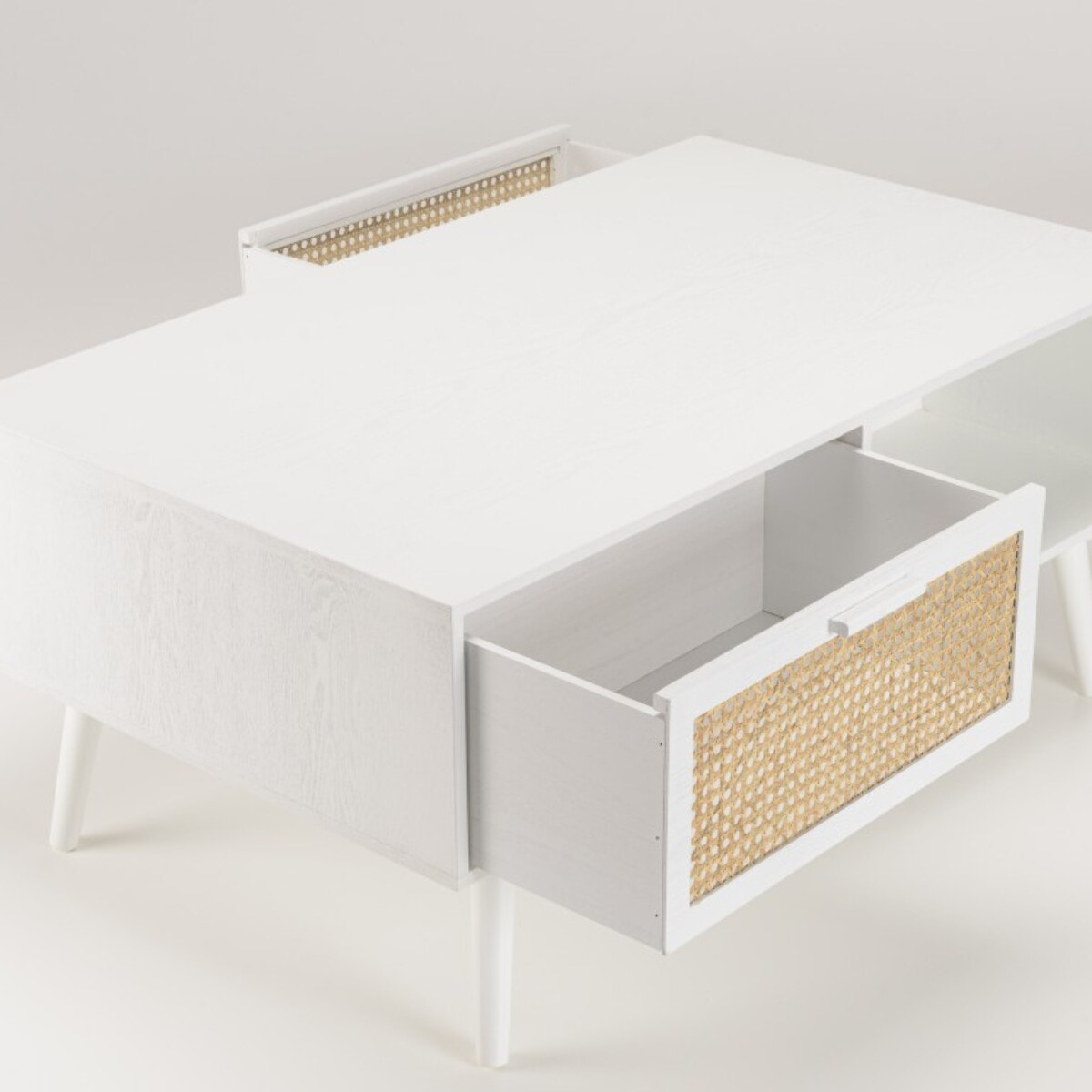 SANDRO - Table basse blanche 2 tiroirs 1 niche cannage naturel
