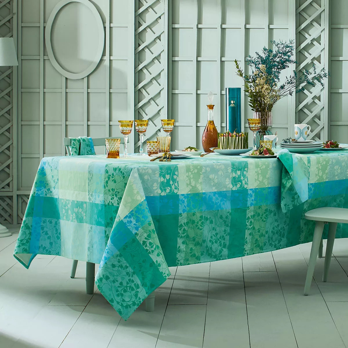 Nappe pur coton enduit motif jacquard bleu vert Mille feuillages turquoise