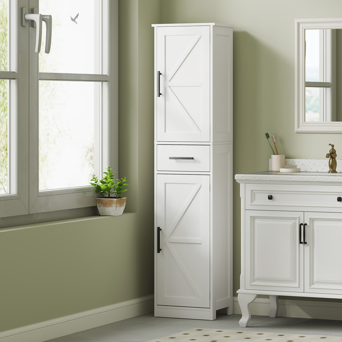 Armario Alto de Baño Estrecho con 2 Puertas 1 Cajón y 2 Estantes Ajustables Columna de Baño Estilo Rústico para Salón Aseo Cocina 40x30x170 cm Blanco