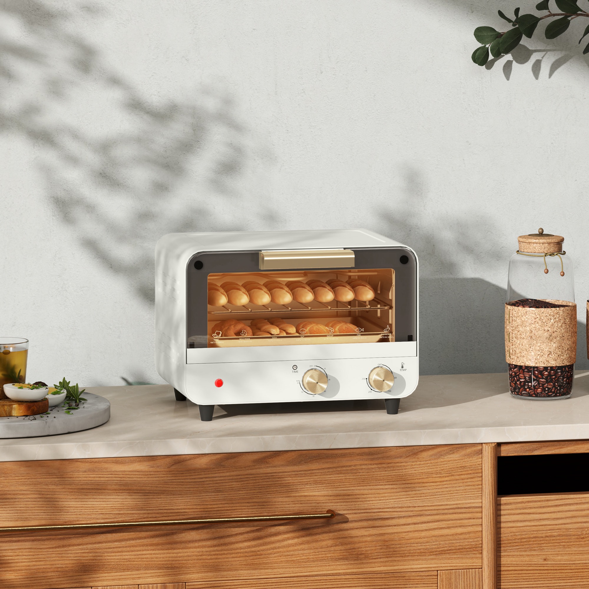 Horno Eléctrico de Sobremesa Horno Sobremesa de 12L 750W Horno Eléctrico con Puerta de Vidrio Temporizador y Temperatura Ajustables hasta 230℃ Blanco