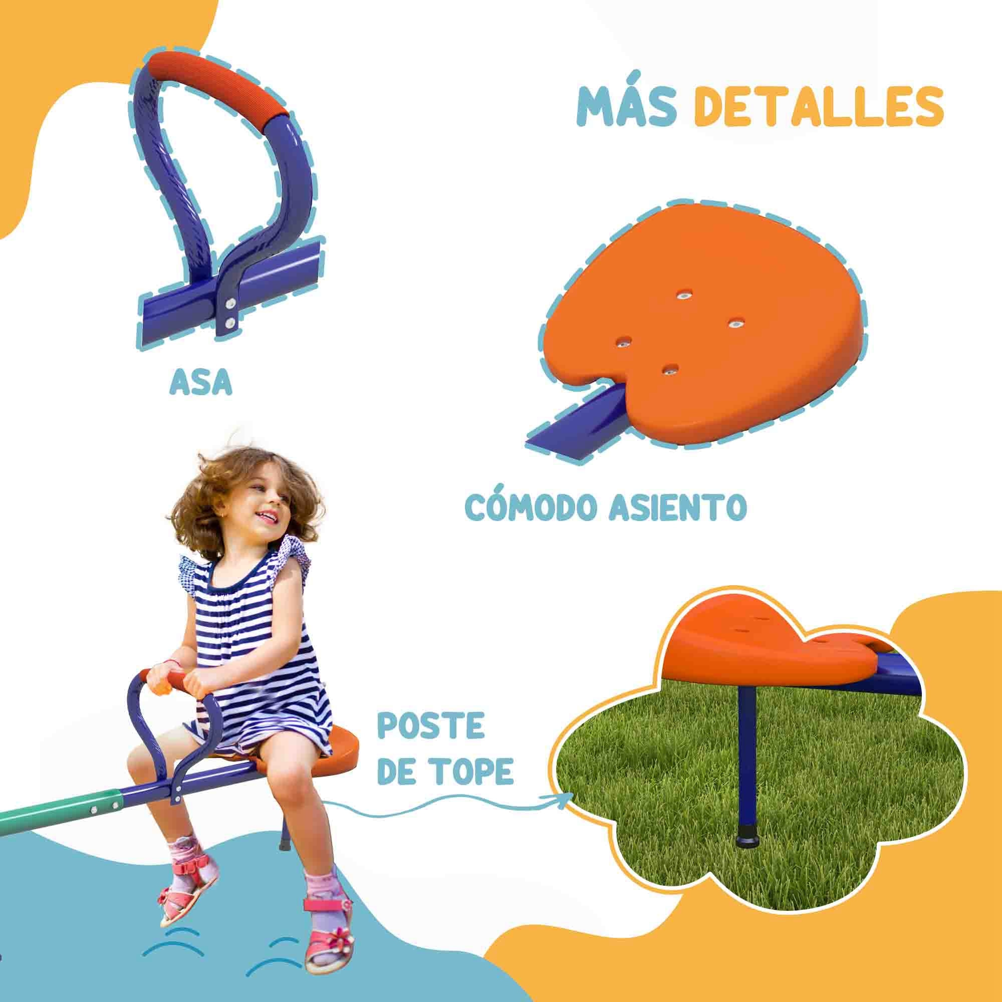 Balancín para Niños Carga 90 kg Sube y Baja Infantil Giratorio 360° con Barra con Longitud Ajustable Poste Amortiguador Asa Suave Asiento Cómodo y Base de Acero para Patio Jardín Multicolor