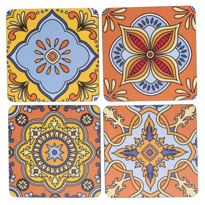 Sottobicchiere in legno confezione da 4 pezzi assortiti arancione quadro cm10x10x0,5