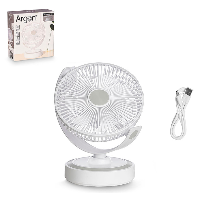 Ventilador de sobremesa de 10W. Con oscilación automática de 90°, 4 modos de ventilación y batería de 4500 mAh.