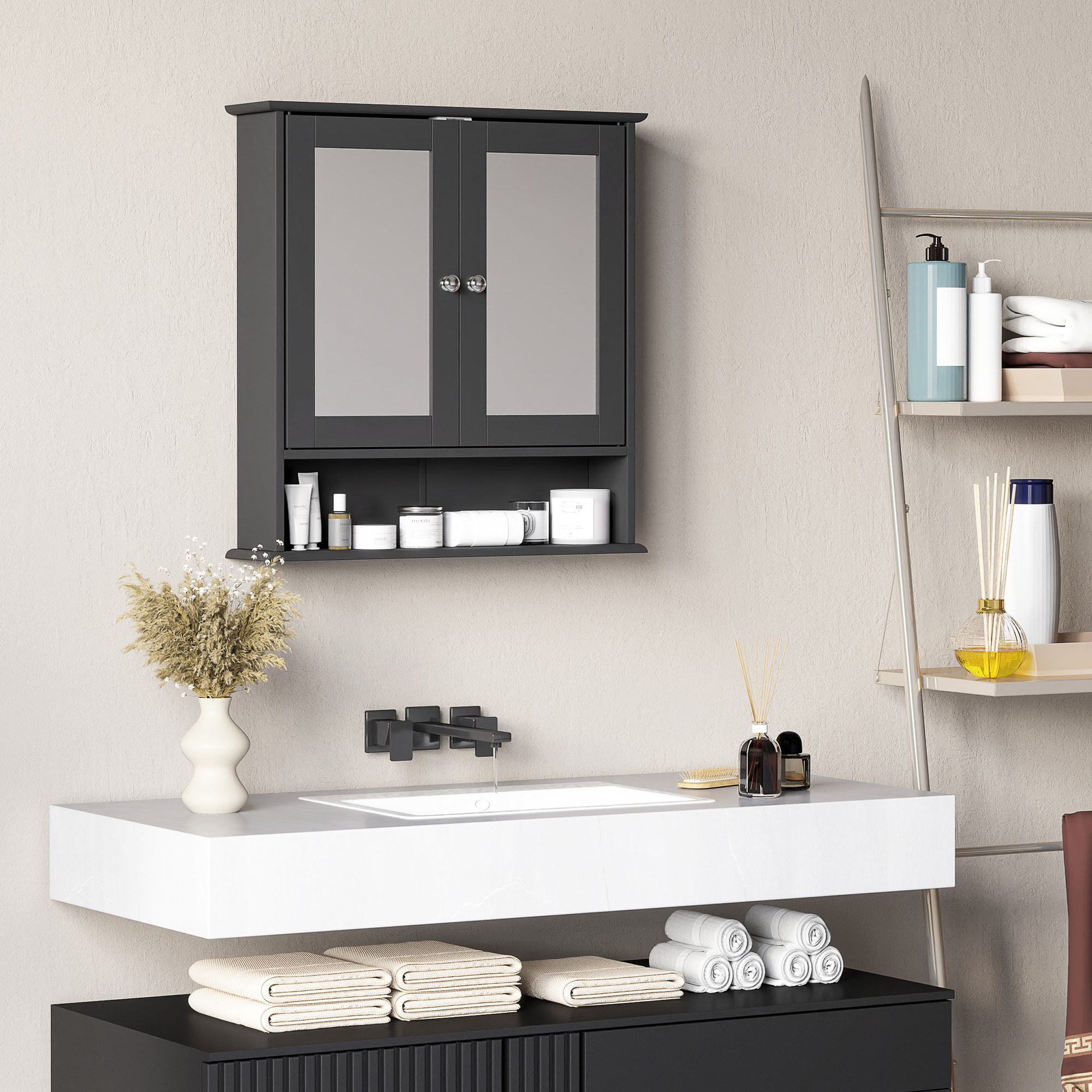 Armario de Baño con Espejo, Armario de Pared con 2 Puertas, Estante Abierto, Estante Ajustable, Mueble de Baño Colgar para Cocina, Salón, 56x13x58 cm, Negro