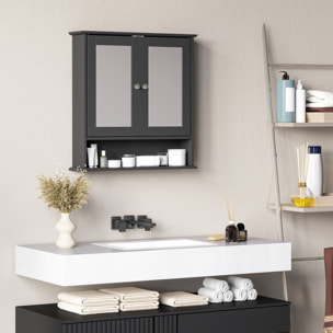 Armario de Baño con Espejo, Armario de Pared con 2 Puertas, Estante Abierto, Estante Ajustable, Mueble de Baño Colgar para Cocina, Salón, 56x13x58 cm, Negro