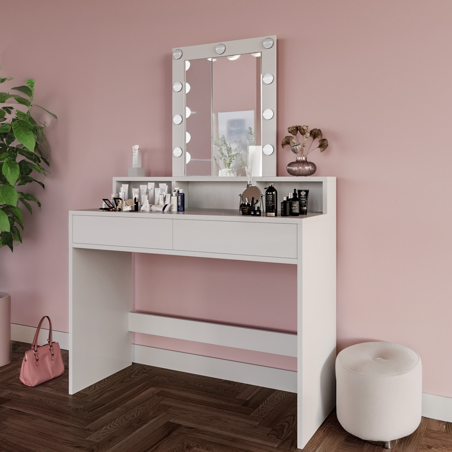 Toeletta Tavolino Da Trucco Tavolo Con 9 Luci LED Con Luminosità Regolabile Specchio 2 Cassetti 3 Vani A Giorno Postazione Make Up 40 x 100 x 145 Cm