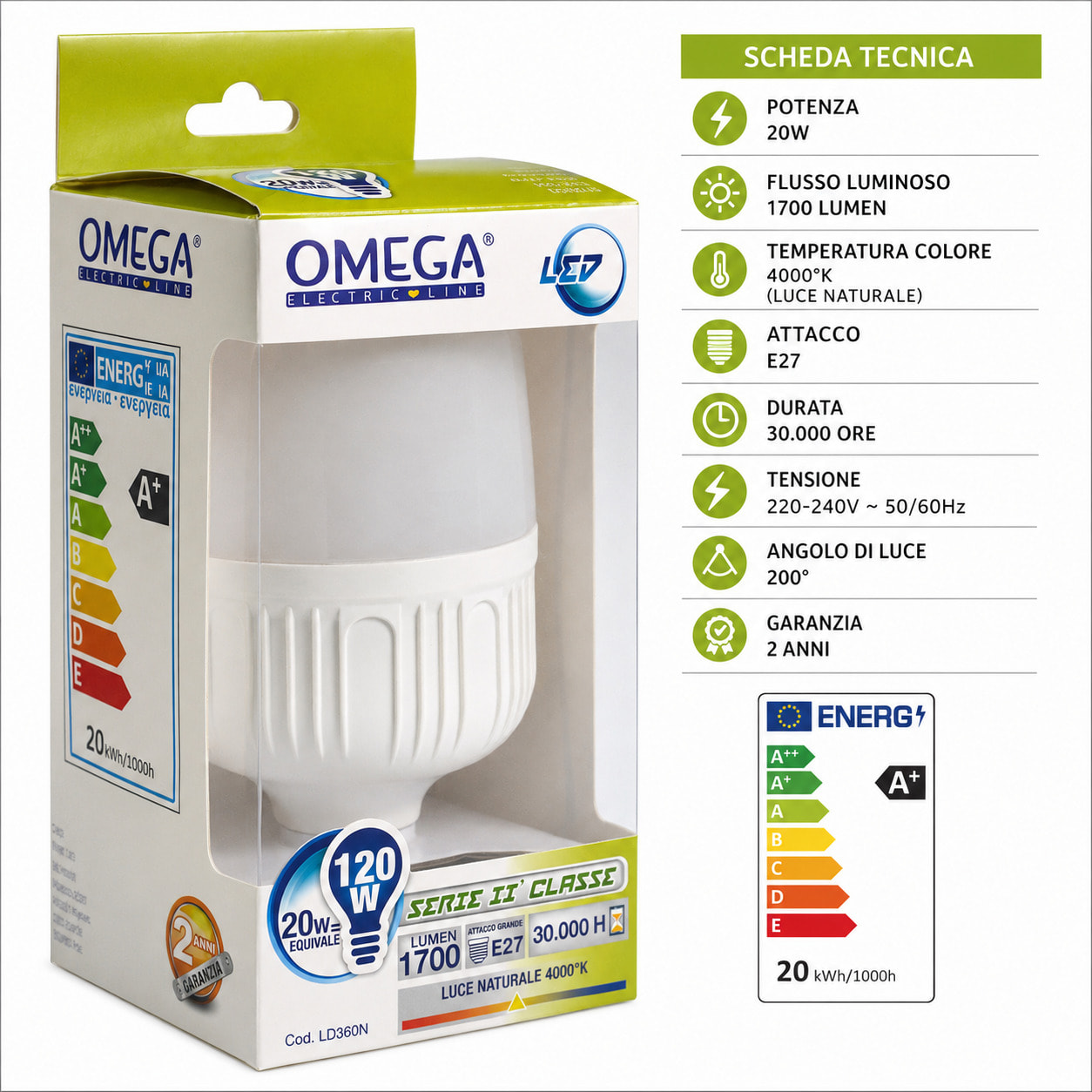 OMEGA Lampada Led Alta Potenza 20W 1700 Lumen E27 4000K
