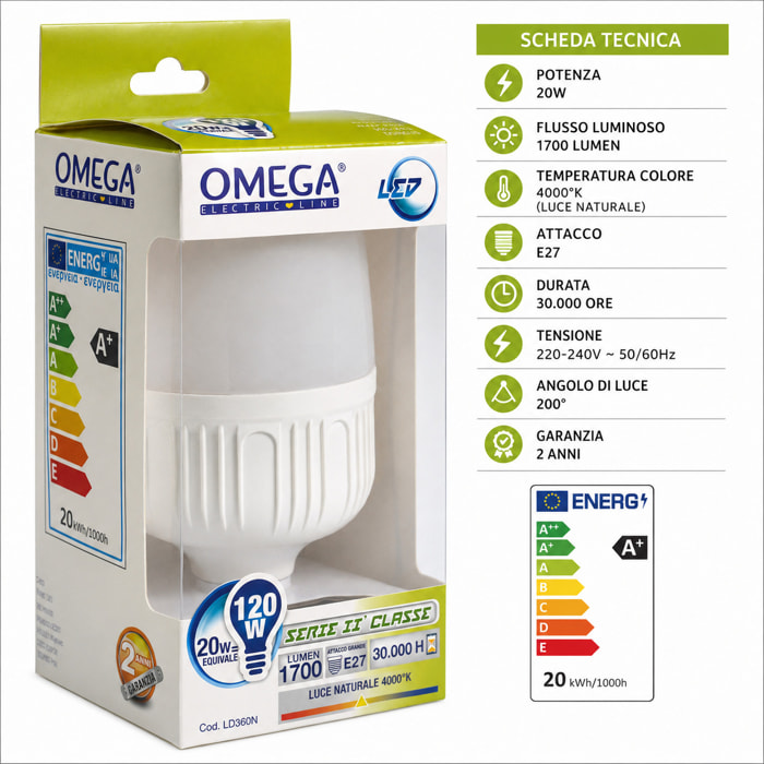 OMEGA Lampada Led Alta Potenza 20W 1700 Lumen E27 4000K