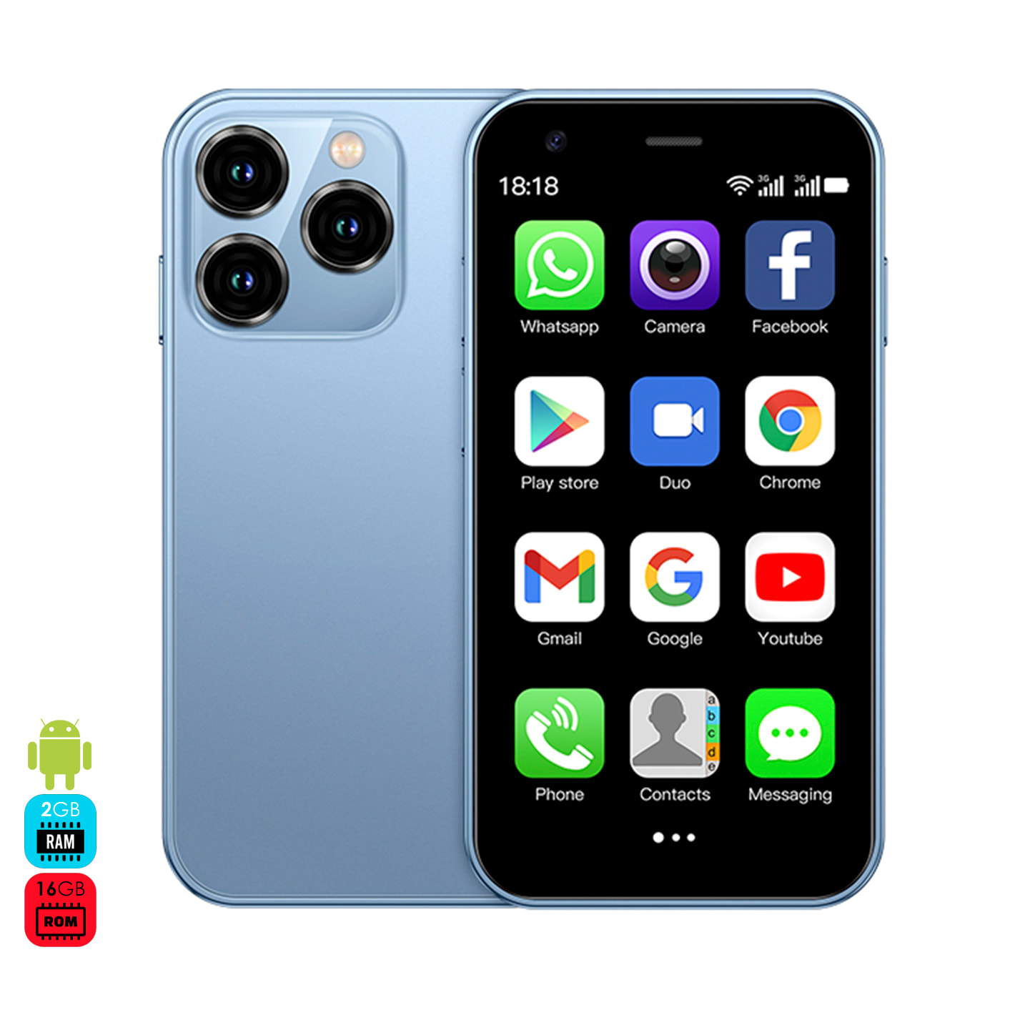 Mini smartphone XS15 3G, Android 8.1, 2 GB RAM + 16 GB. Schermo da 3''. Doppia scheda SIM.