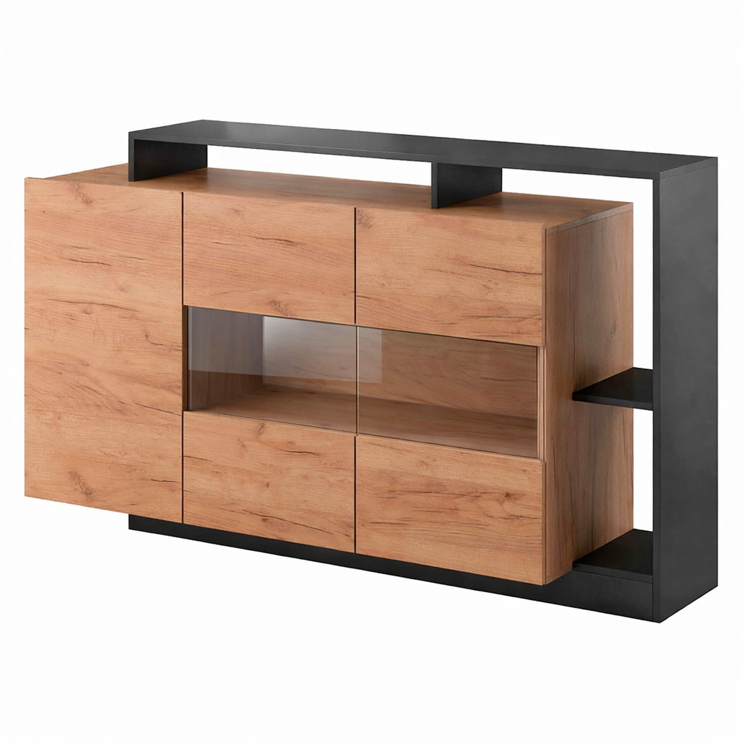 Credenza Con Vetrina Moderna Mobile contenitore Con Ripiani Interni In Melaminico Ideale Per Soggiorno 155 x 44 x 93 cm Rovere e Antracite