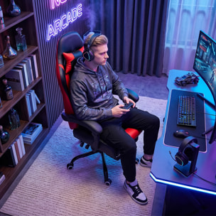 Silla Gaming Ergonómica, Silla Gamer con Lumbar Masaje Vibración, Reclinable 155°, Altura Ajustable, Reposacabezas y Reposapiés Retráctil, para Oficina, Estudio, Rojo