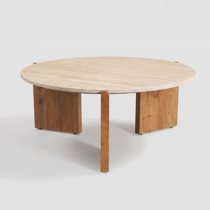 Table basse en travertin et bois D85 cm - Sierra