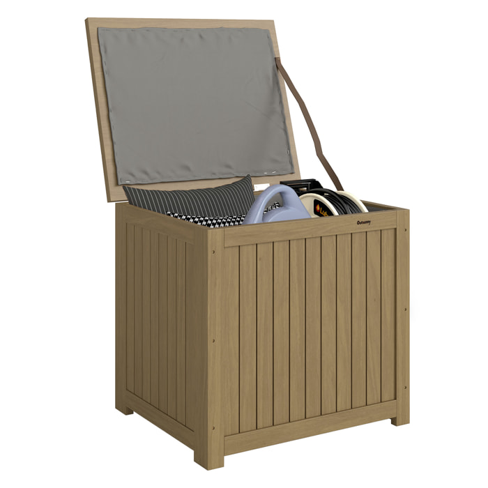 Arcón Exterior de Madera, 130L, Baúl Almacenaje Exterior con Forro, Tapa con Bisagras y Correa, Impermeable, Resistente a la Intemperie, para Jardín, Terraza, Patio, 63x51x58,5 cm, Marrón