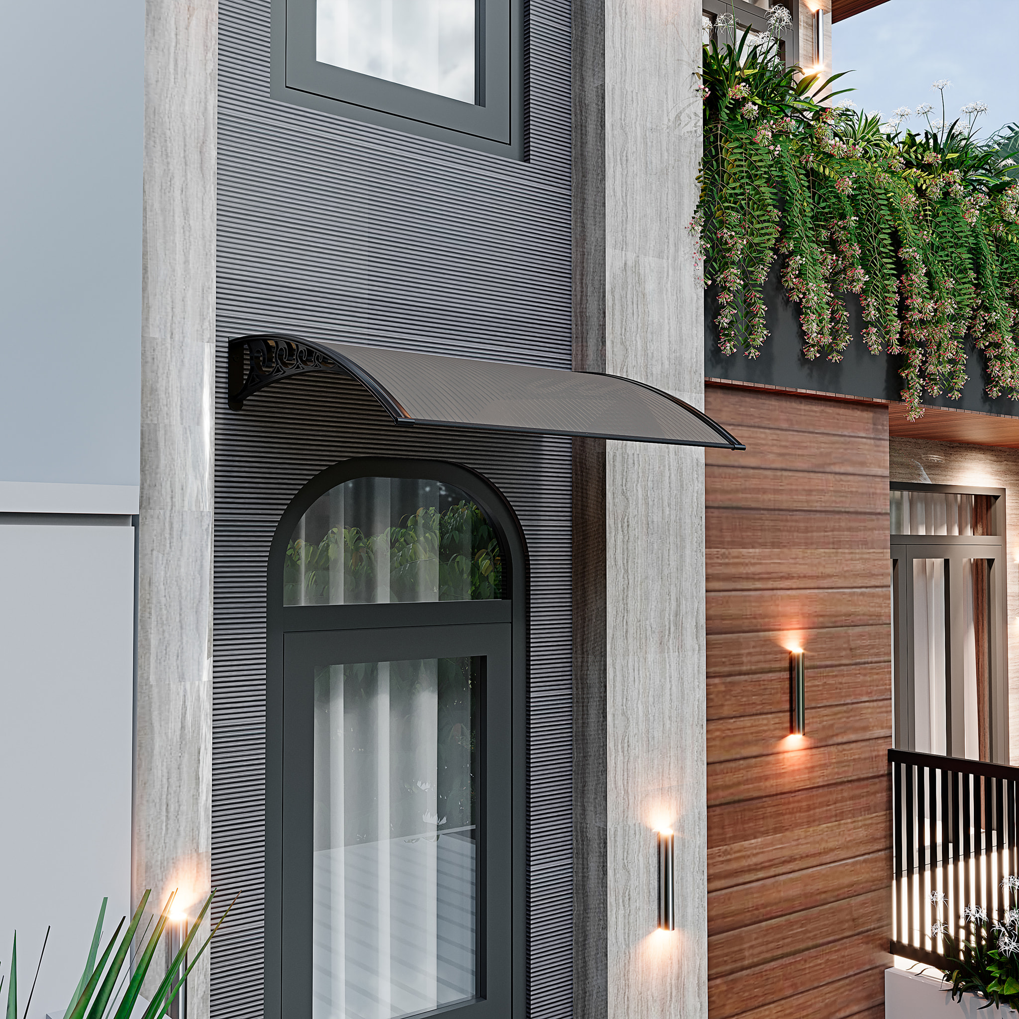 Pensilina Per Copertura In Policarbonato Alveolare Tettoia Modulabile Per Esterno Porte Balcone Finestre Elegante Resistente Fumè 80 x 100 cm