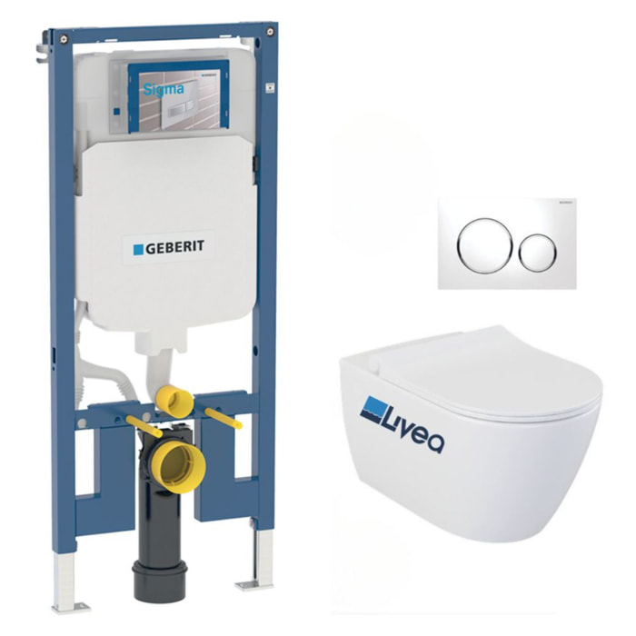 Pack WC Bati-support Geberit Duofix UP720 extra-plat + WC sans bride Livea Bello + Abattant softclose + Plaque blanche