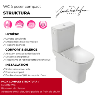 WC à poser compact sans bride sortie universelle avec abattant extra-plat, déclipsable et frein de chute