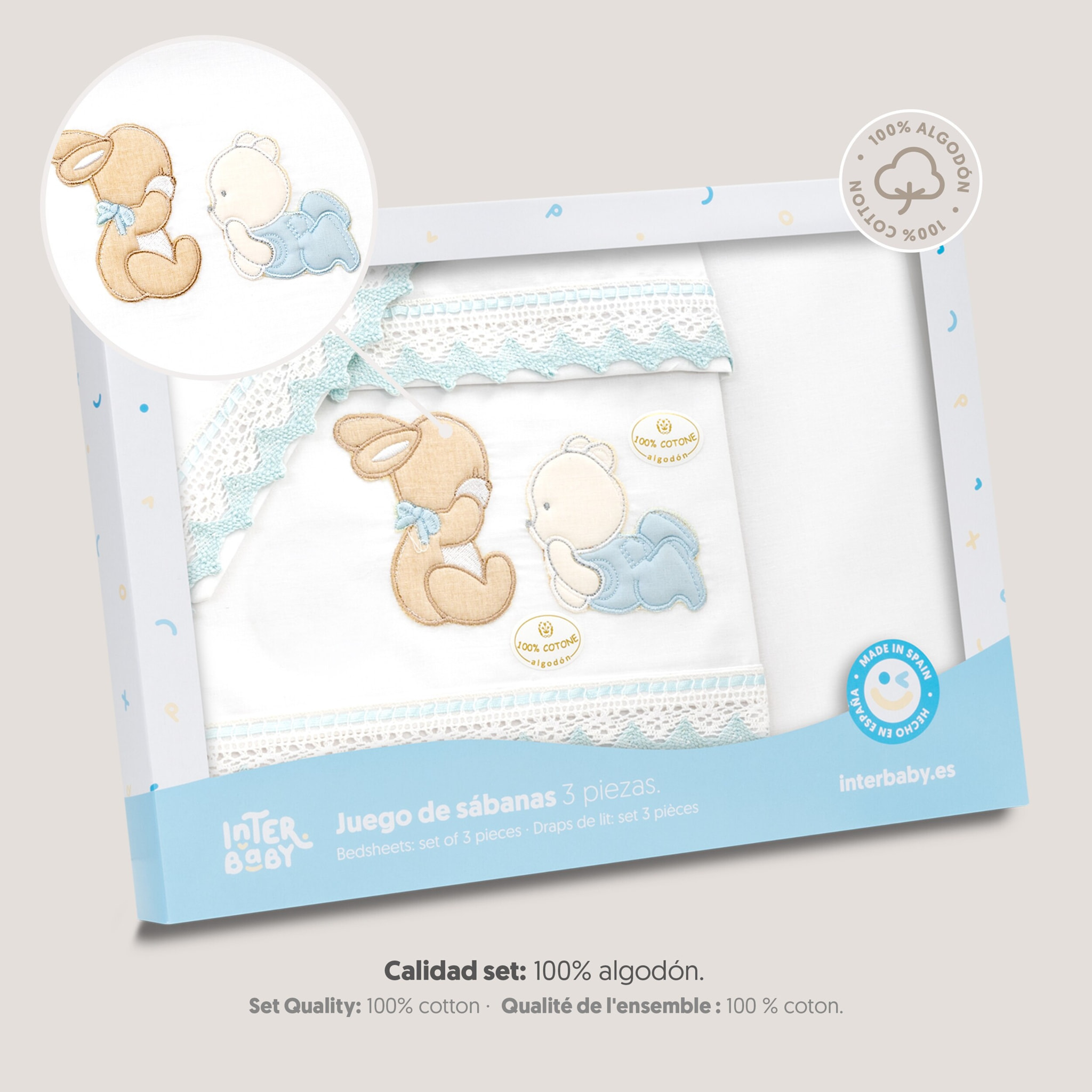 Triptico Minicuna Guipur Oso Tumbado Conejito Bco/Azul