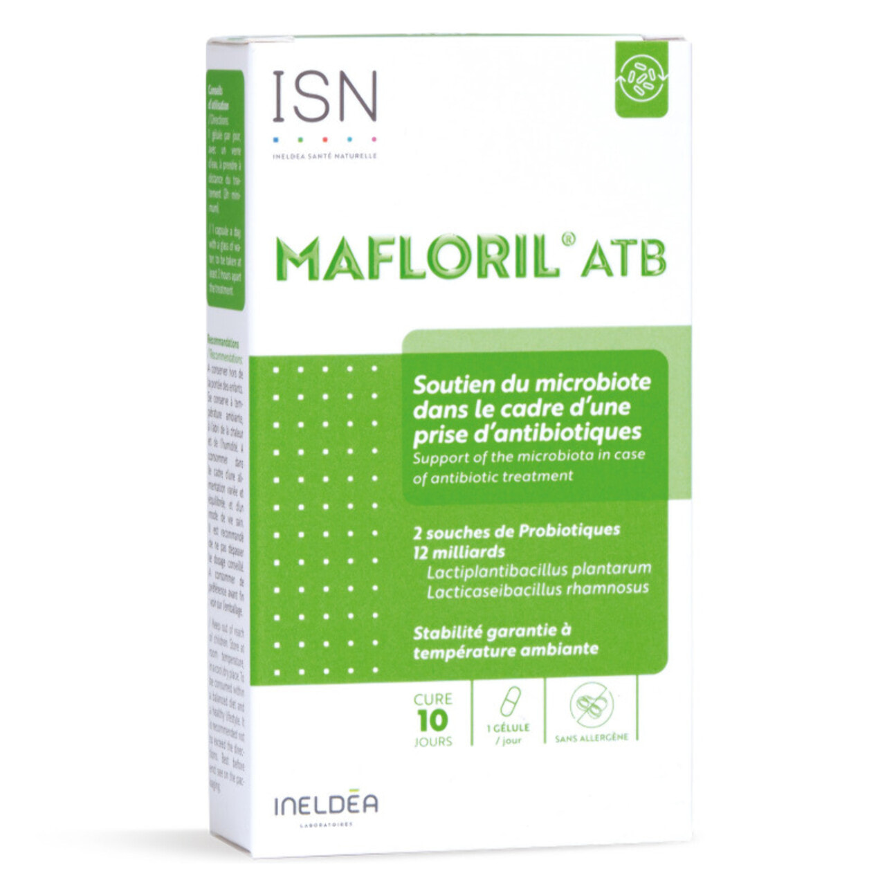 ISN - Mafloril ATB - Complément alimentaire - 2 souches spécifiques de probiotiques - Soutien nutritionnel en cas de prise d'antibiotiques - Sans Gluten - Cure 10 jours