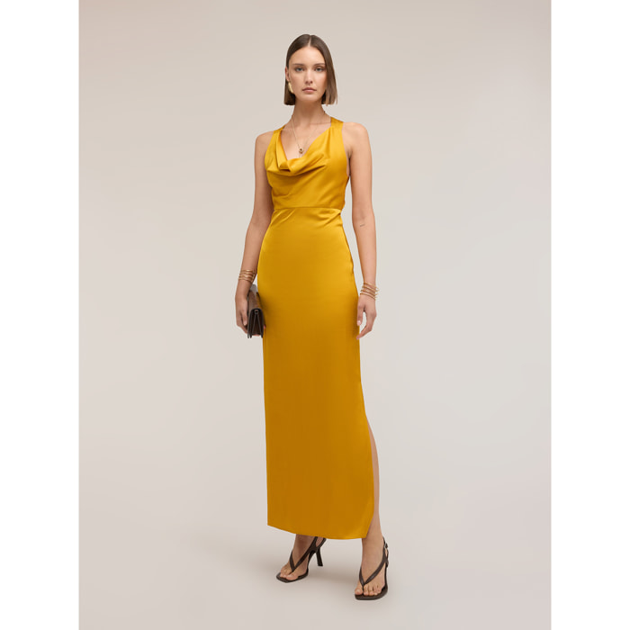 Motivi - Vestido largo de satén con drapeado - Amarillo