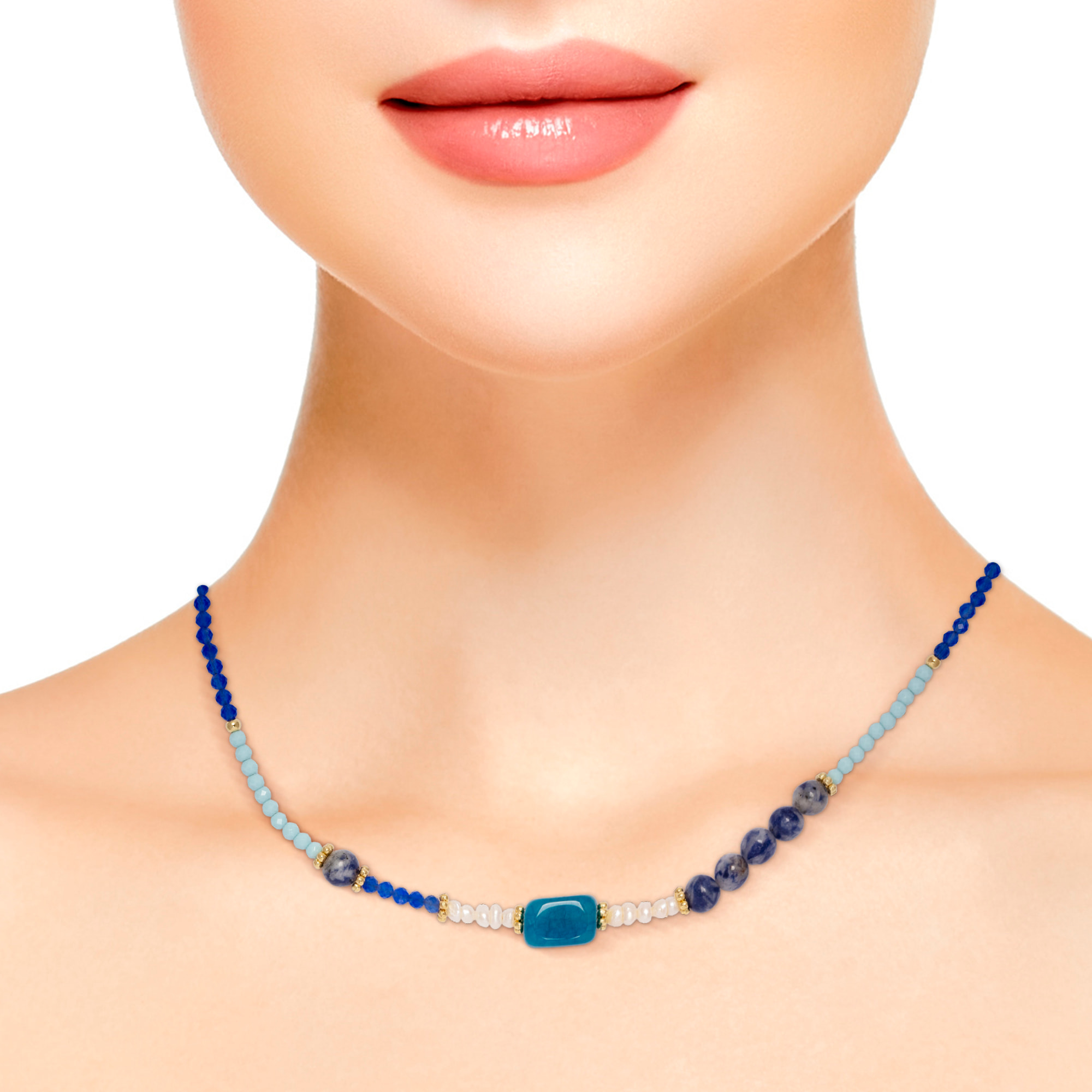 Nox Collar de perlas naturales, cristal con diseño de ojo de gato y piedra natural con vetas azules, con cierre de mosquetón.