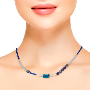 Nox Collar de perlas naturales, cristal con diseño de ojo de gato y piedra natural con vetas azules, con cierre de mosquetón.