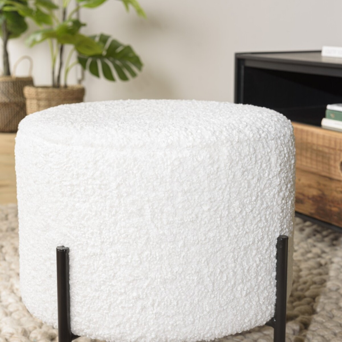 AGATHE - Tabouret rond 40x40cm tissu bouclette blanc pieds métal noir