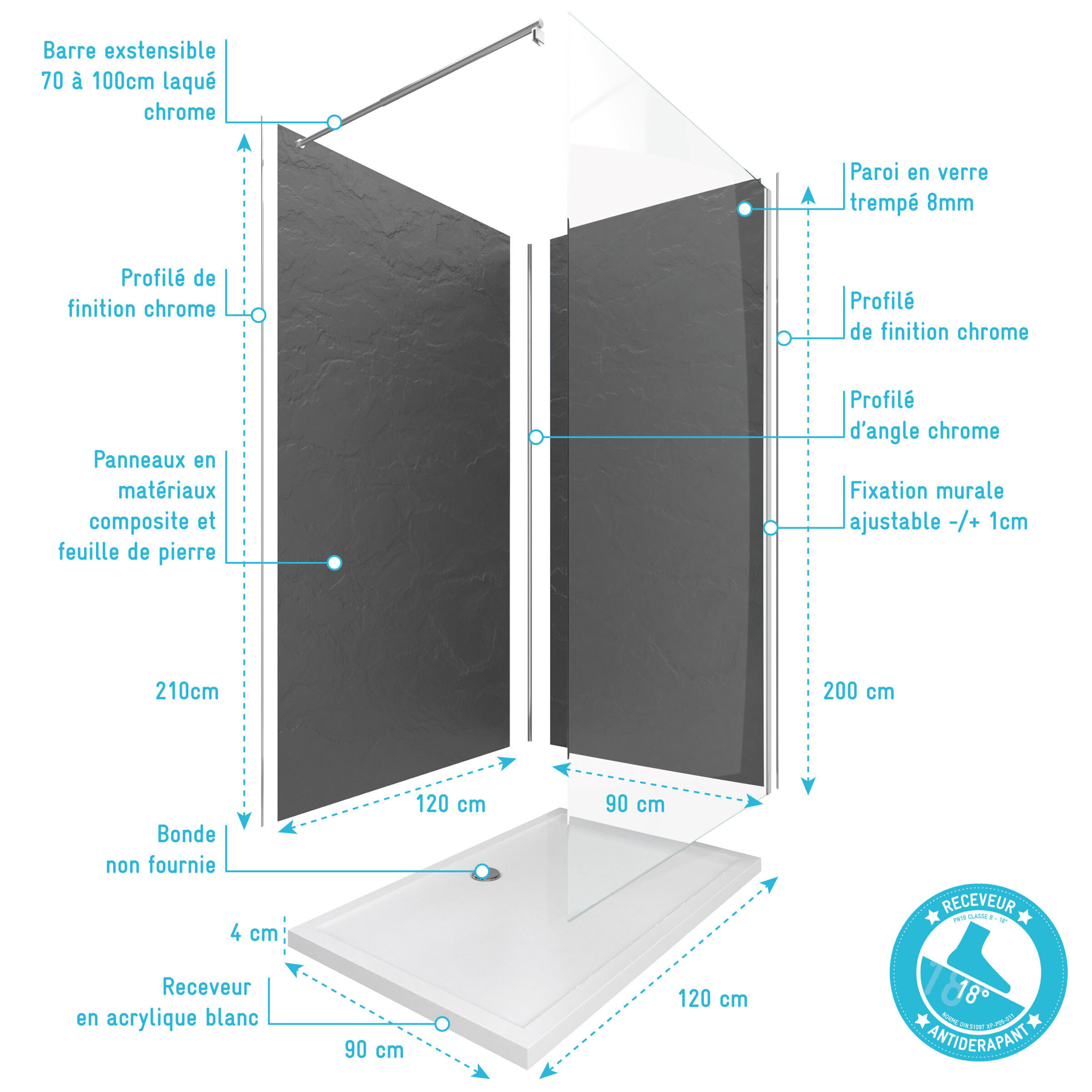 Ensemble complet douche à l'Italiennne avec Receveur 90x120 + Paroi transparent + Panneaux muraux