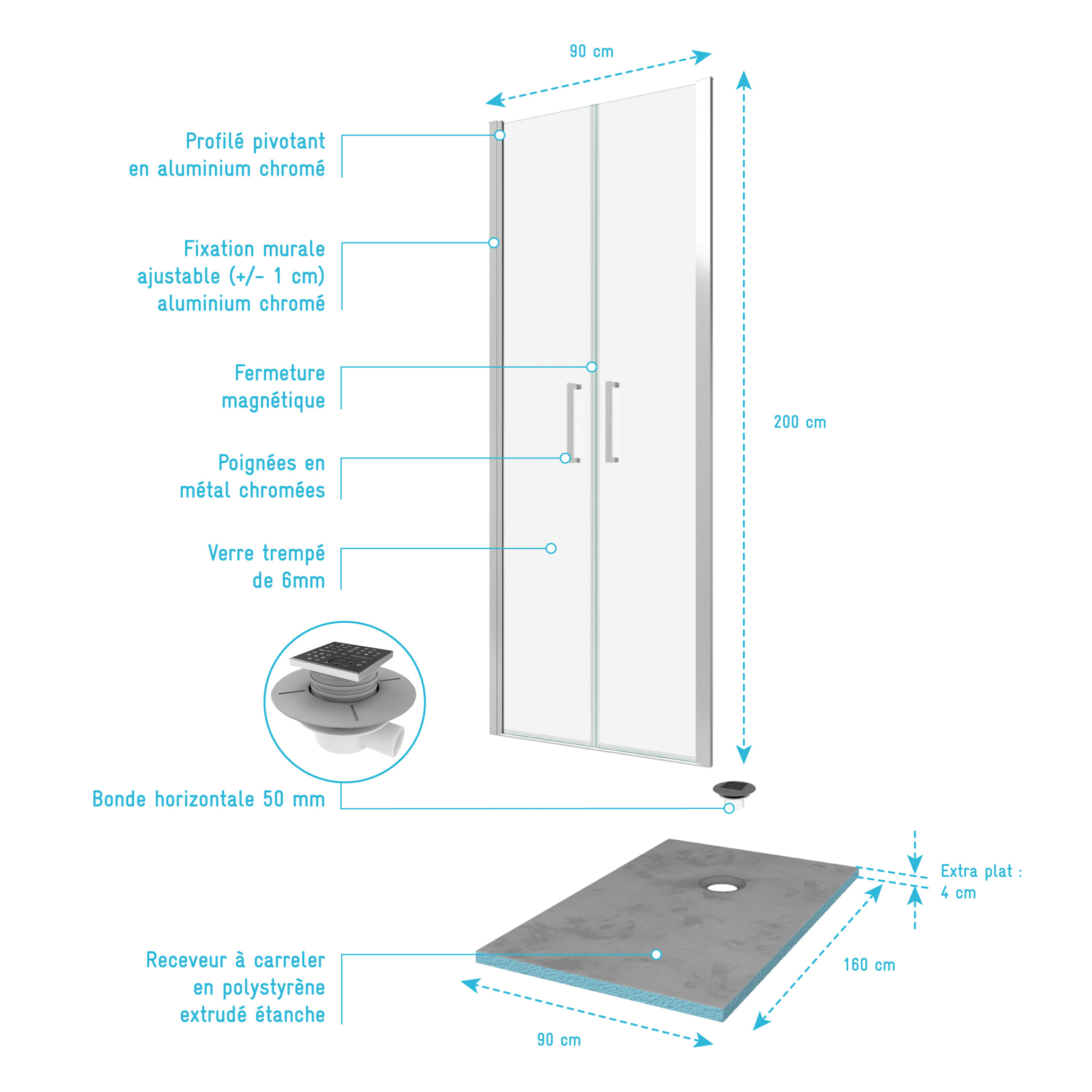 Pack Paroi de douche 90x200 cm + RECEVEUR DE DOUCHE A CARRELER 90x160 RECOUPABLE