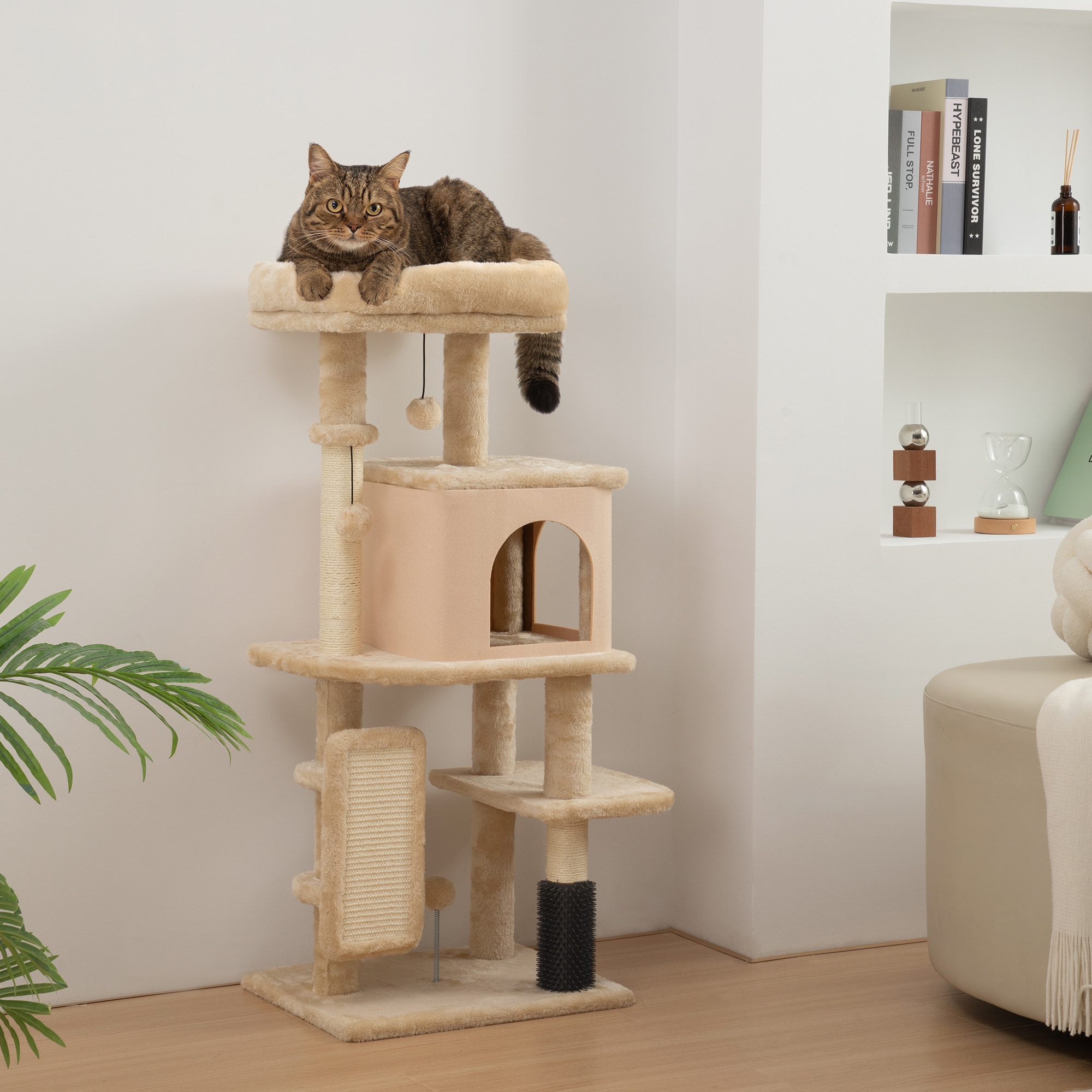 Arbre à chat H.104 cm - griffoir, grattoir, bande massante, jeux boules, niche, plateforme observation - beige