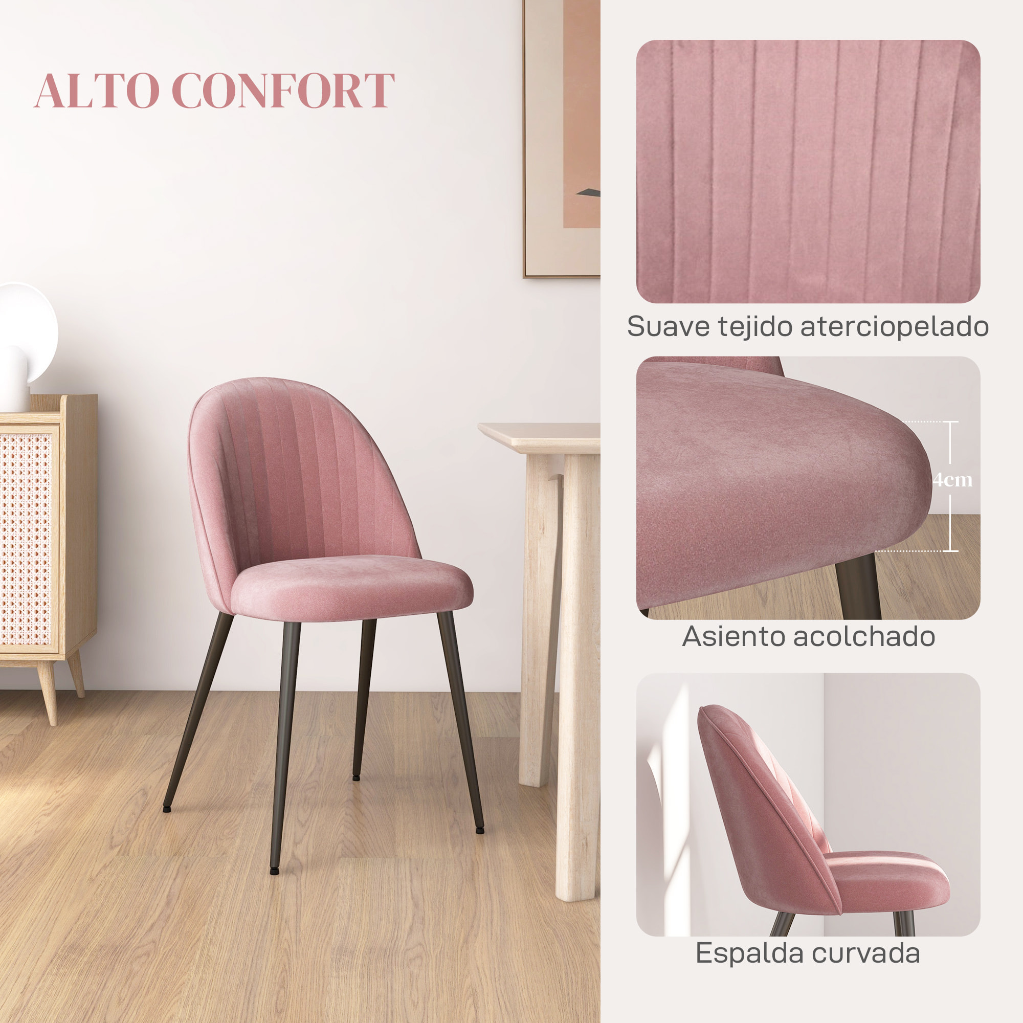 Pack de 4 Sillas de Comedor Modernas, Sillas de Cocina Tapizada en Terciopelo con Respaldo Curvo y Patas de Acero, para Salón, Rosa Palo