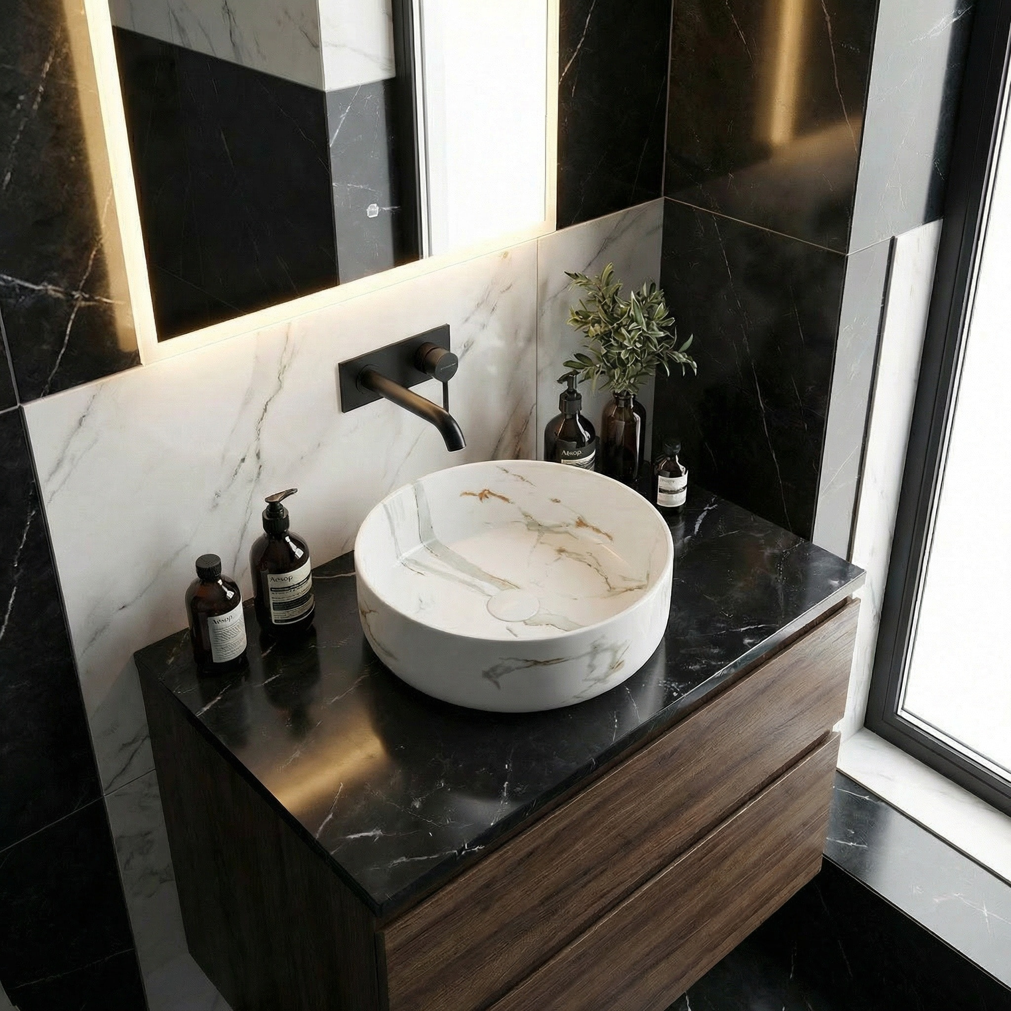 Vasque à poser 39 × 39 cm blanc veiné mat – sans trou - Infinitio  – SATINF3939MR