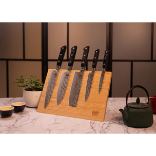 Set Hashi Tsuchime Deluxe 10 Piezas Completo: 5 cuchillos (de pelar + petty + nakiri + santoku + gyuto) + portacuchillos magnético bambú + tabla de cortar bambú + set de afilado de grano 180/800 + afiladora + tenedor
