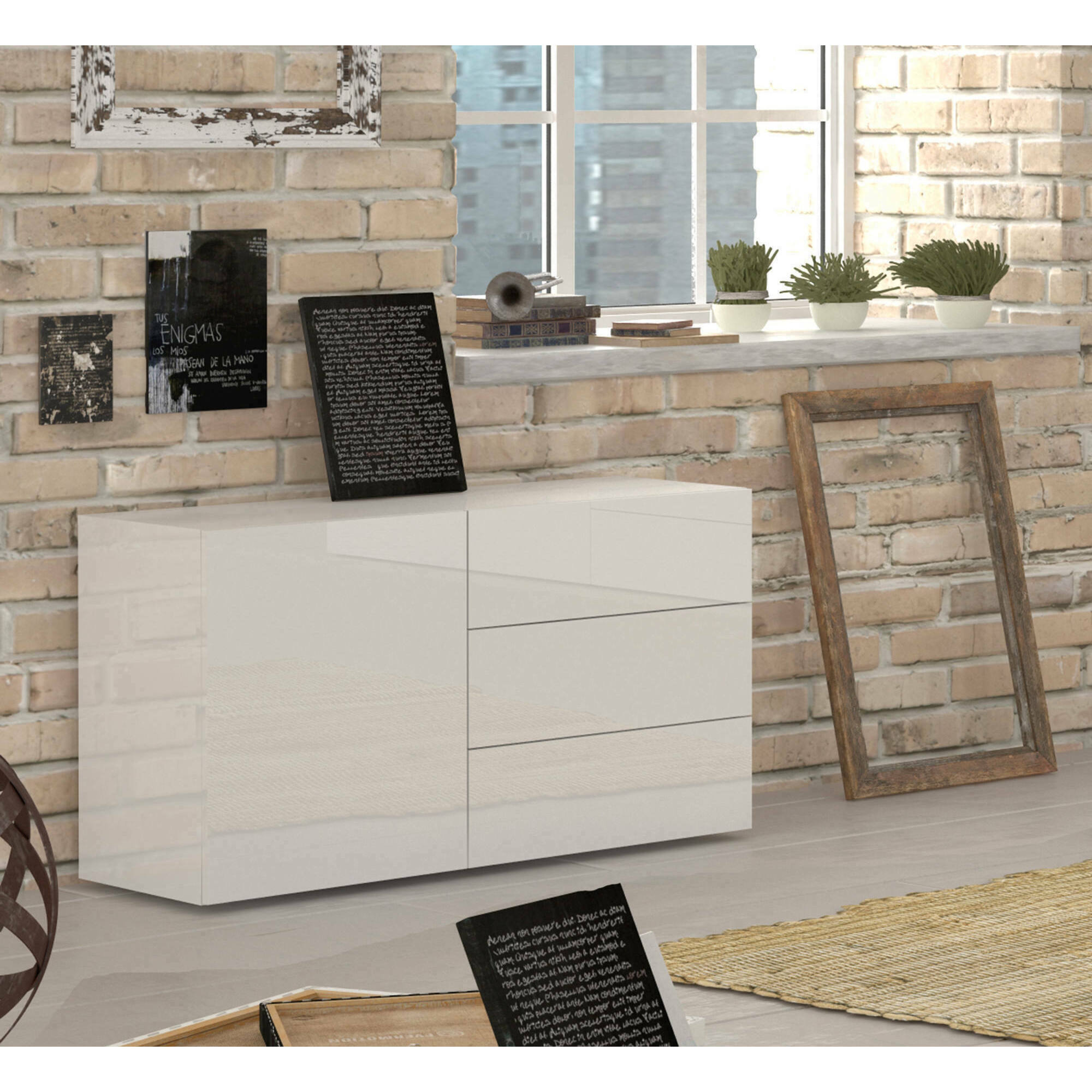 Credenza moderna a 1 anta e 3 cassetti, Made in Italy, Madia da cucina, Buffet di design da soggiorno, cm 110x40h35, colore Bianco lucido