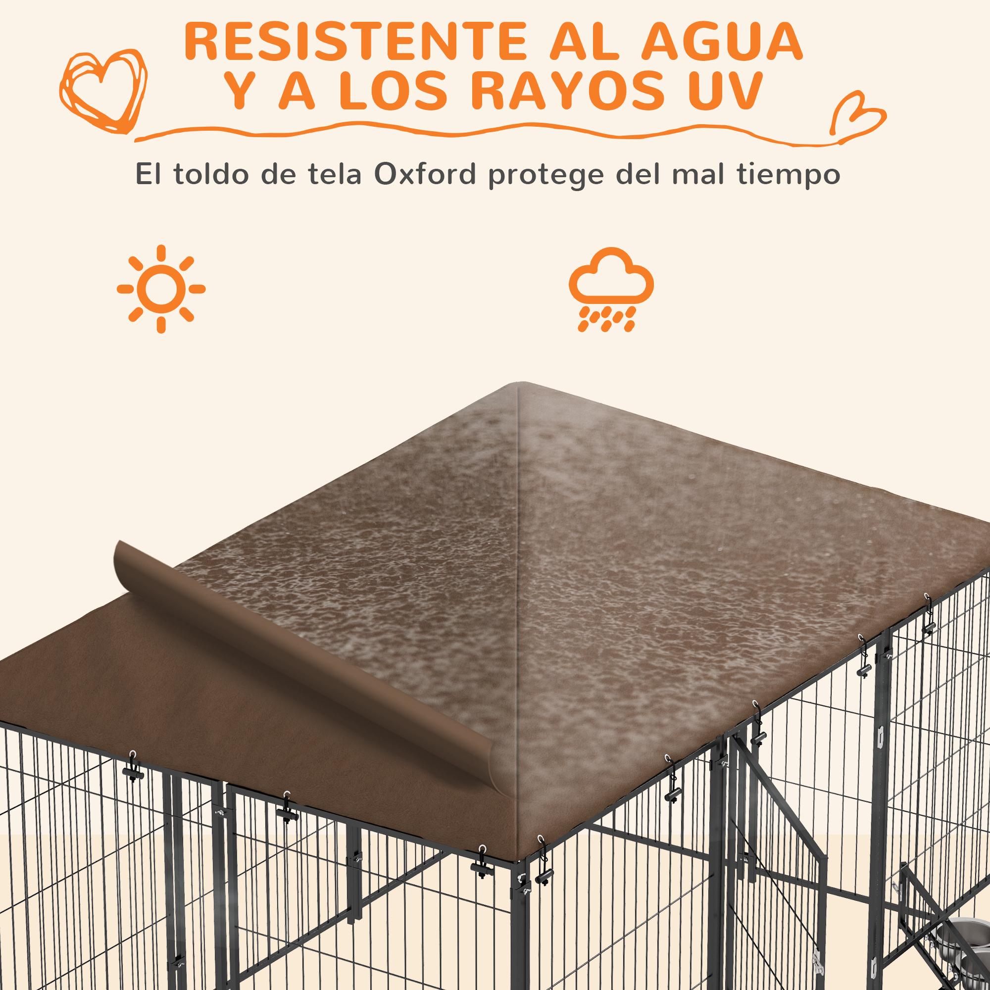 Perrera con Toldo Parque para Perros Metálica de Exterior con Soporte Giratorio para Comida 2 Cuencos para Patio Jardín Terraza 211x141x151 cm Negro