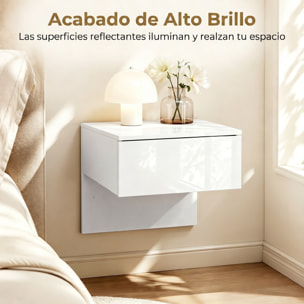 Juego de 2 Mesitas de Noche Flotantes con Cajón, Mesillas de Noche, Montado en la Pared, Diseño Moderno, para Dormitorio, 40x35x36,2 cm, Blanco Brillo
