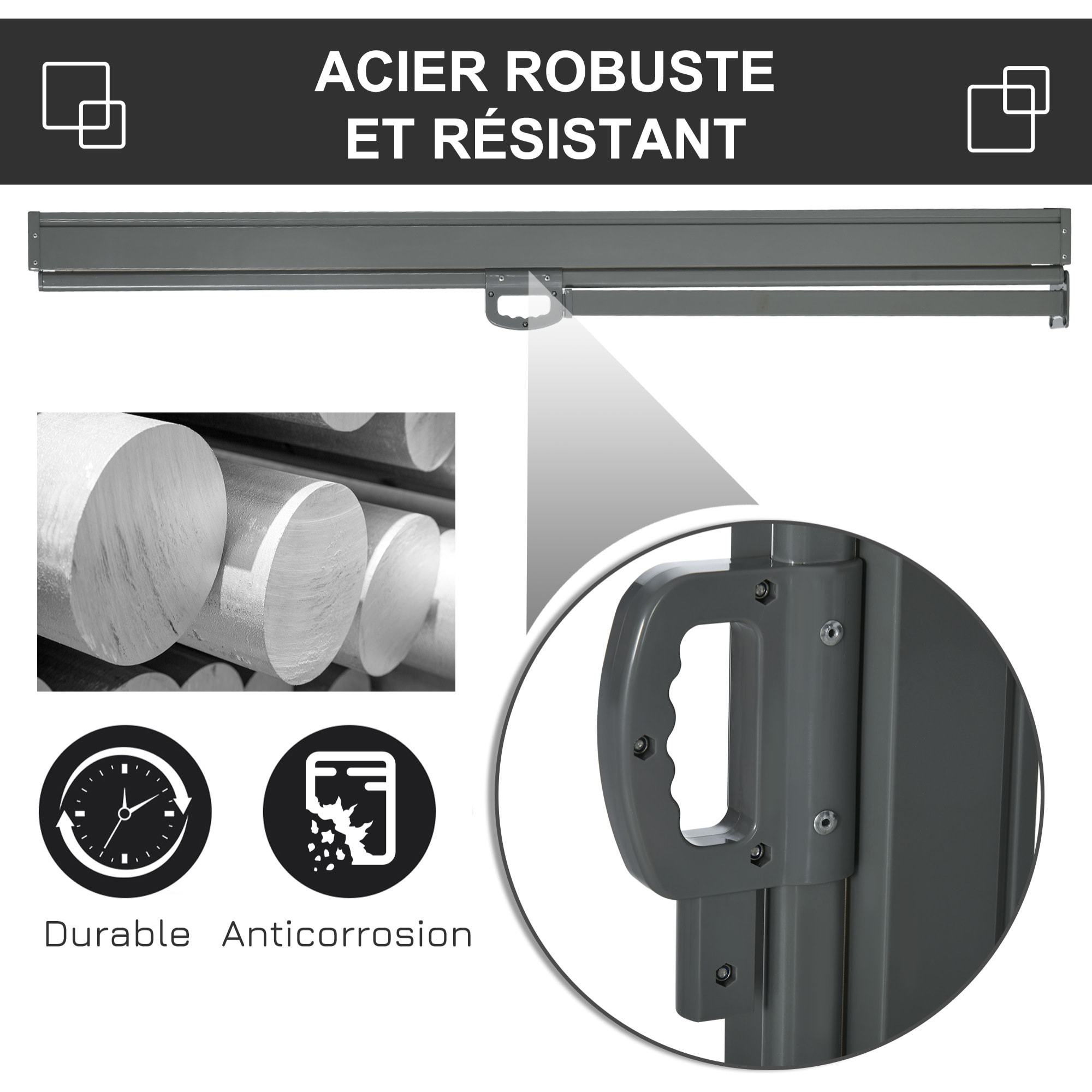 Store latéral brise-vue paravent rétractable dim. 3L x 1,6H m métal polyester imperméable anti-UV haute densité 180g/m² noir