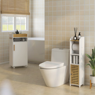 Armario de Baño Moderno Columna Auxiliar de Baño Mueble de Suelo de Baño con Estantes 1 Puerta y Portarrollos de Papel para Dormitorio Sala 18x20x90 cm Blanco y Roble