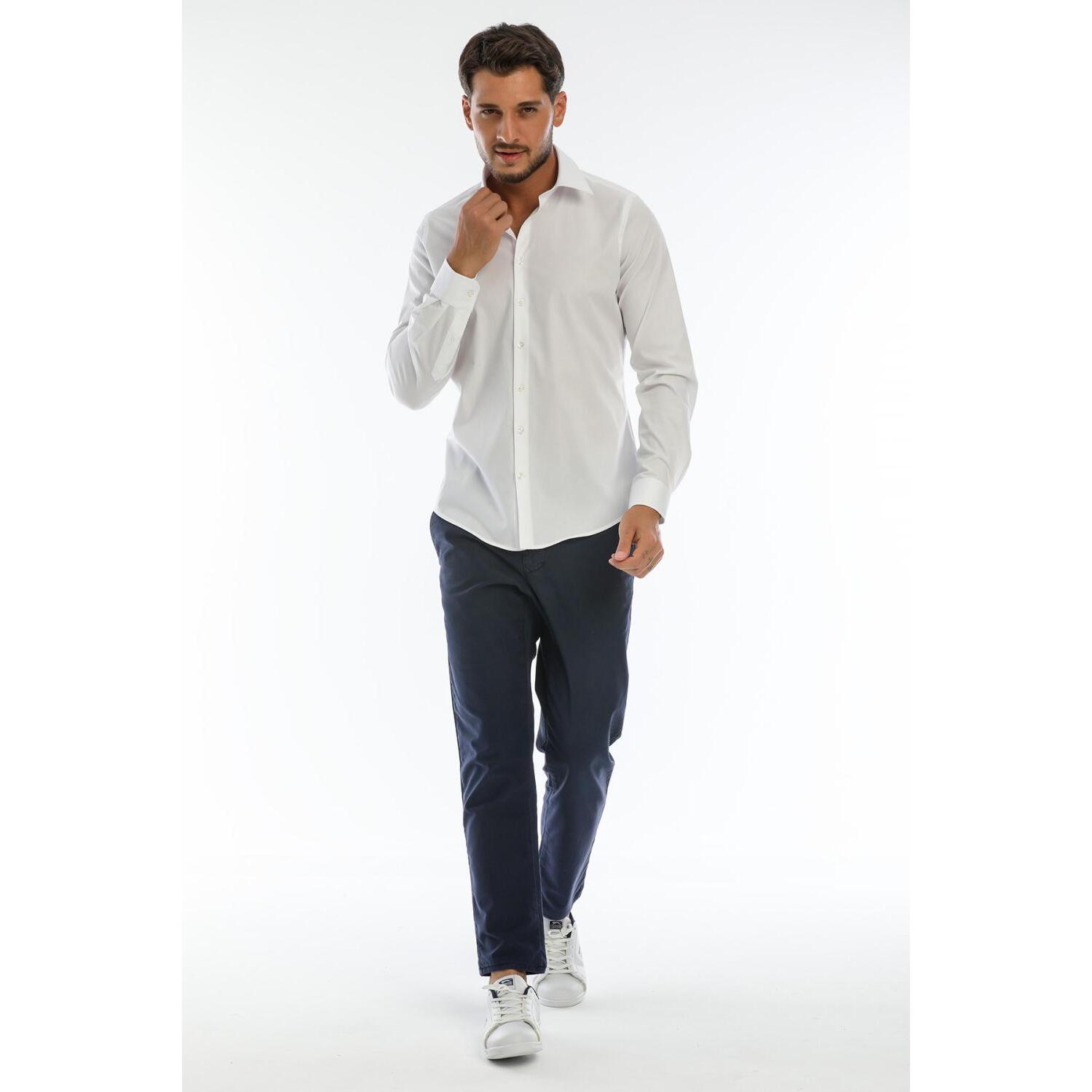 Camicia Uomo 1 Bottone Italiano Slim Popeline Stretch Unito Bianco