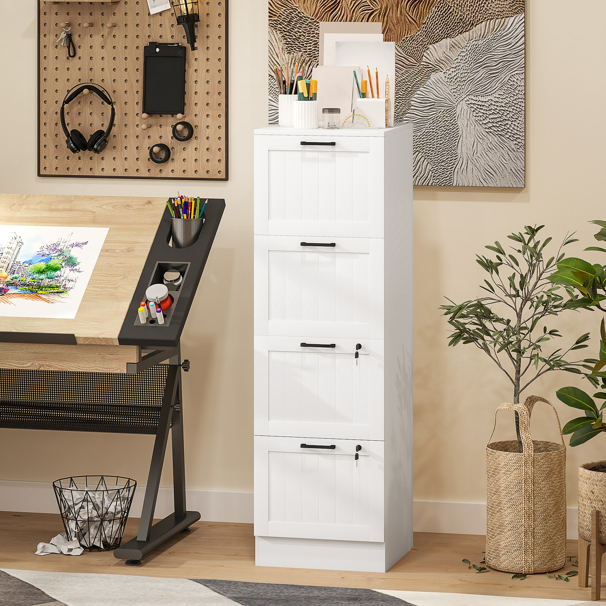 Caisson bureau 2+2 tiroirs verrouillables dossiers suspendus dim. 40x40x131cm MDF blanc