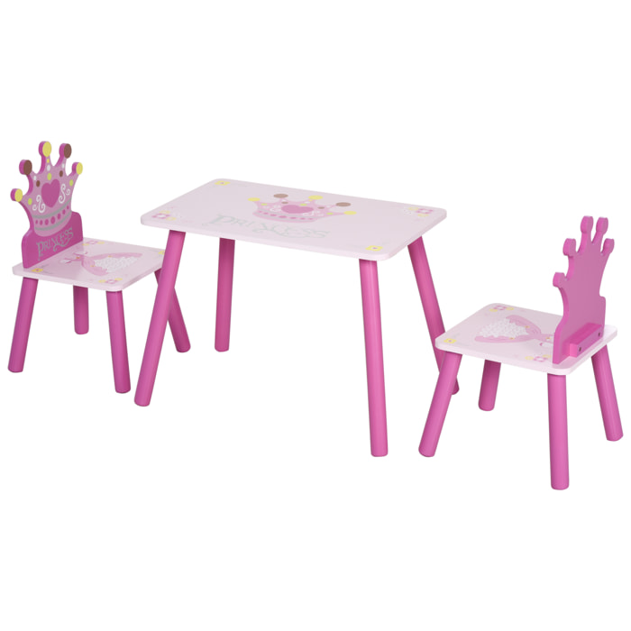 Juego de Mesa y 2 Sillas Infantiles de Madera Set de Mesa 55x34x42 cm Sillas 28x26x50 cm para Niños + 3 Años para Dormitorio Color Rosa