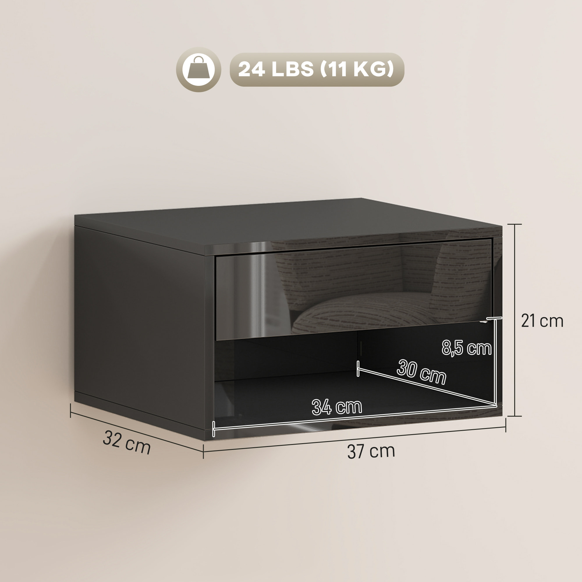 Juego de 2 Mesitas de Noche Flotantes, Mesillas de Noche con Cajón, Estante Abierto, para Dormitorio, Salón, 37x32x21 cm, Negro Brillo