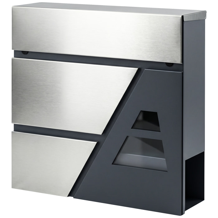 Buzón Exterior de Acero Inoxidable, 13 L, Buzón de Pared Correo con Cerradura y 2 Llaves, Cierre Silencioso, Tapa Antilluvia, Soporte para Periódicos, Moderno, Fácil de Instalar, Gris Oscuro