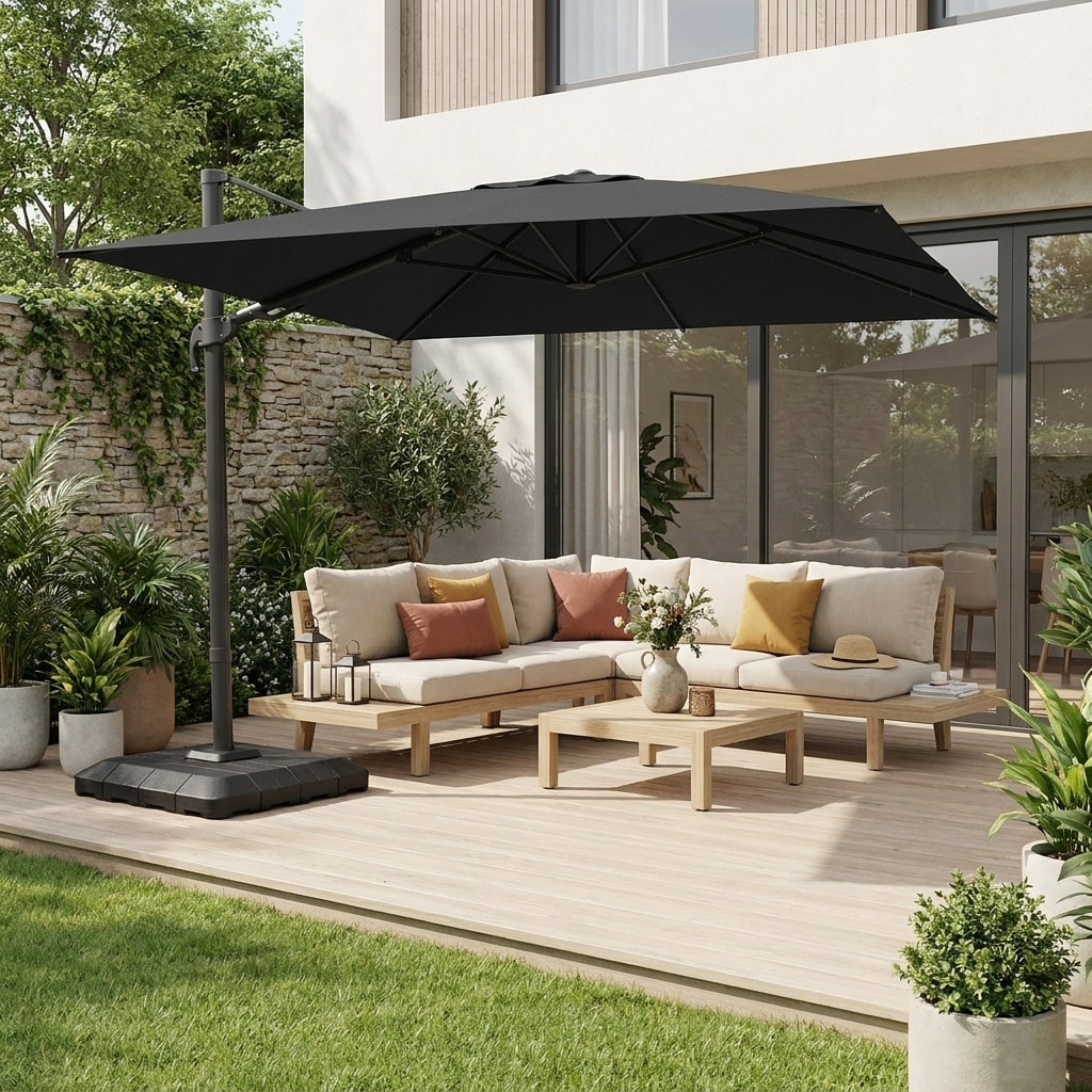 Parasol déporté rectangulaire 3x4m + housse et dalles à lester 98x98cm OMBREA