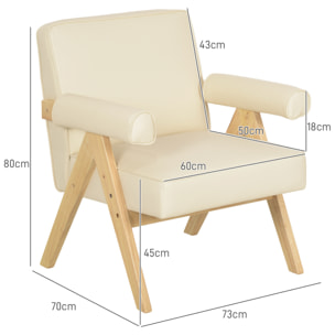 Butaca de Salón Butaca Nórdica Sillón de Salón Tapizado en PU con Reposabrazos y Marco de Madera de Caucho para Dormitorio Carga 120 kg Crema