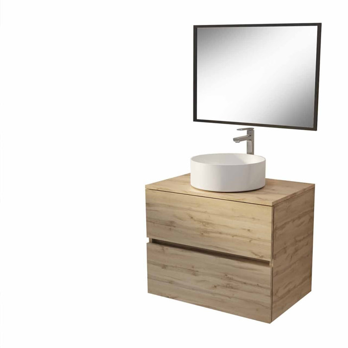 Meuble de salle de bains 70 cm TIMBER Décor Chêne 2 tiroirs Vasque blanche sur plan et Miroir 70x50