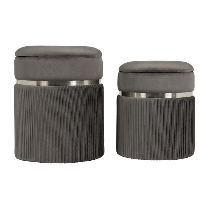 Set 2 Pouf Contenitori Zora in Velluto Grigio e Argento